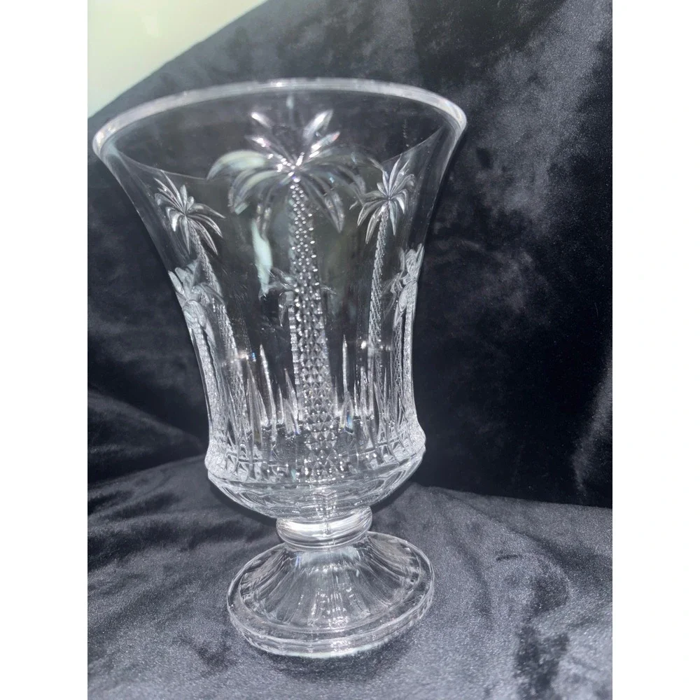 Crystal Palm Tree Vase Unisex 8in Clear Excellent Etched Coastal Hurricane‎